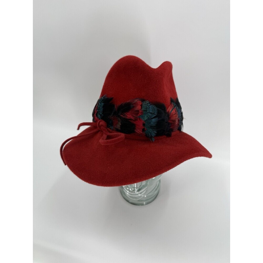 Gorgeous Stylish Vintage Cranberry Red Ladies Hat with Multi Color Feather